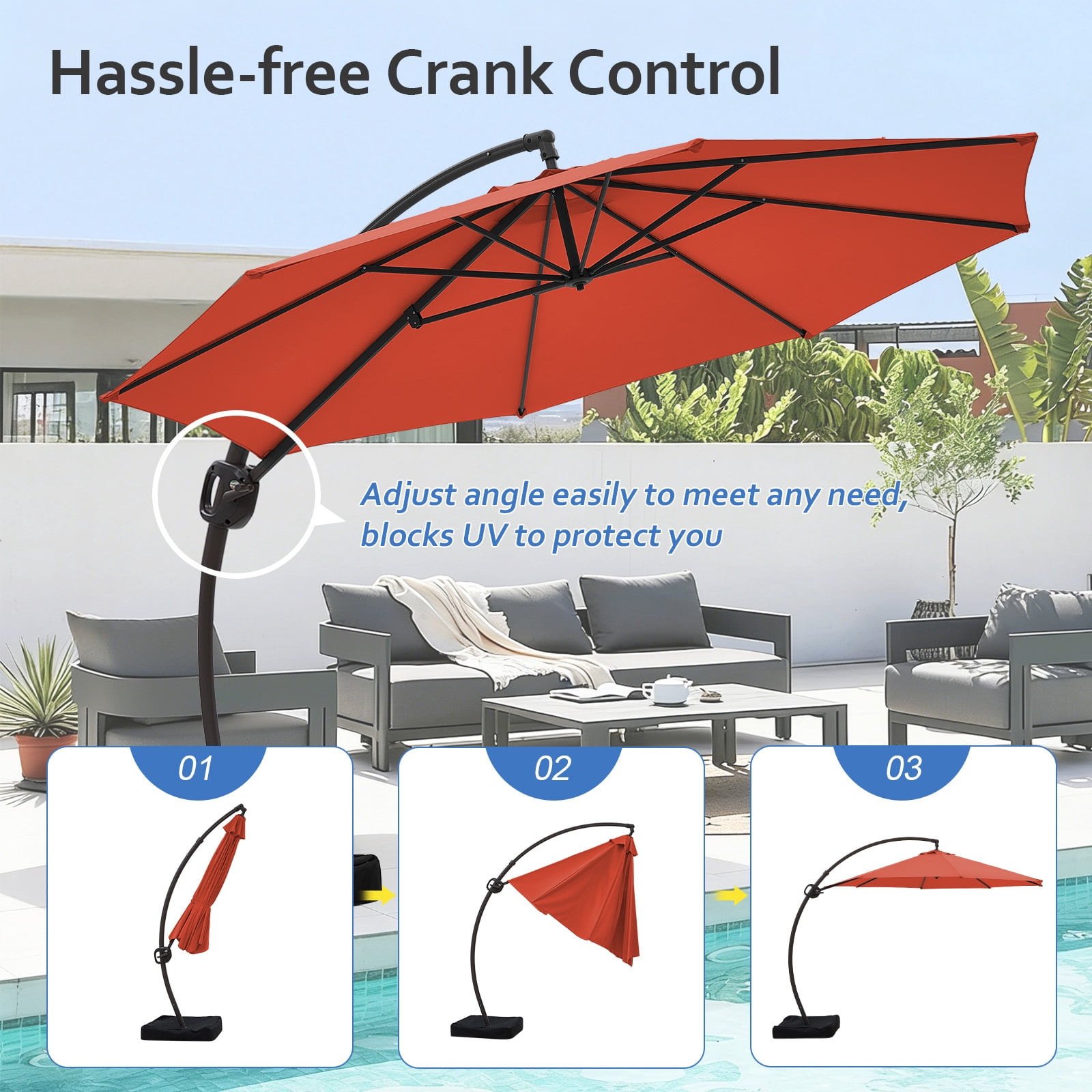 JUSTLET 10ft Curvy Cantilever Offset Hanging Market Patio Umbrella with Base, Orange