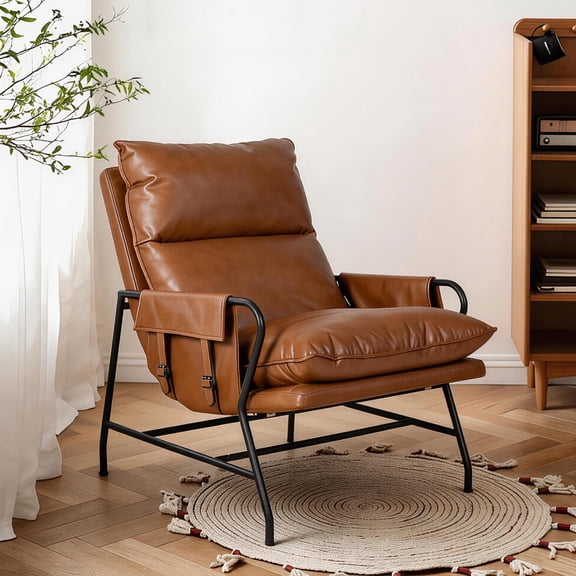 Pmango Faux Leather Accent Chair for Living Room, 24" High Backrest Upholstered Armchair, Ergonomic Design, Soft Thickened Cushion Comfy Leisure Chair, Mid Century Modern Single Sofa, Light Brown