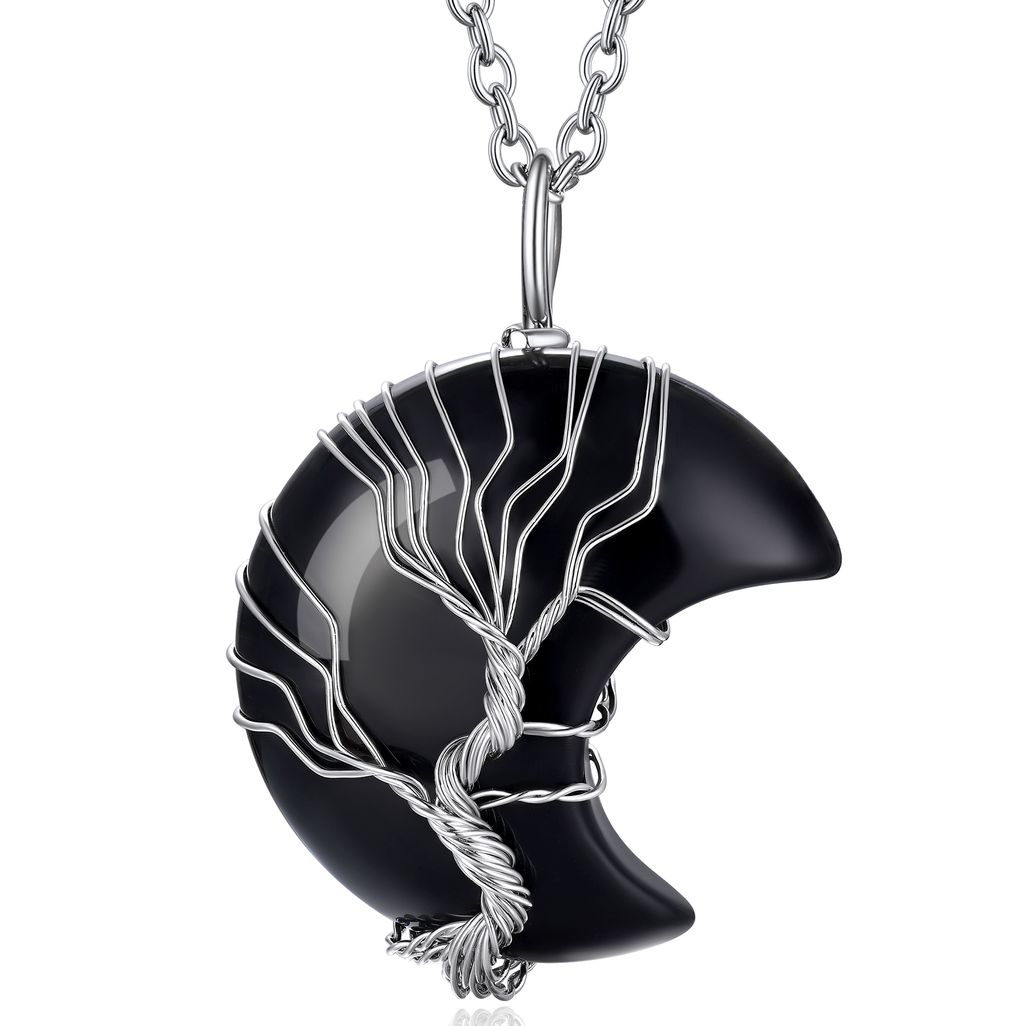 Bestyle Tree of Life Black Onyx Crescent Moon Necklace