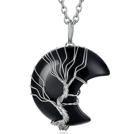 Bestyle Tree of Life Black Onyx Crescent Moon Necklace