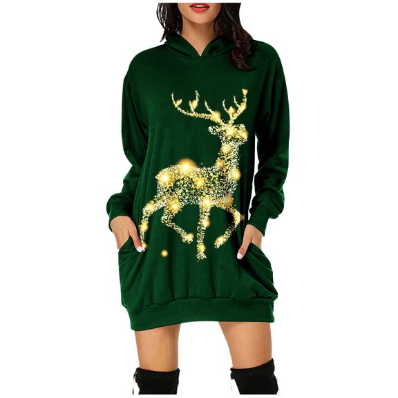 Women Christmas Outfit Festive Holiday Women's Long Sleeve Pullover Hooded Sweater Dress with Festive Print and Front Pocket Green S