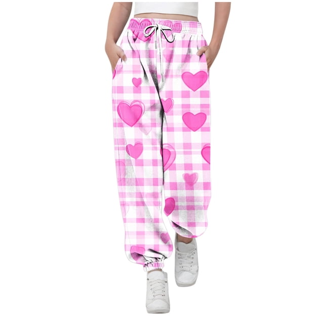 Pantalones largos para niños y niñas con estampado de cintura elástica y cordón con bolsillo, pantalones largos de cintura alta, pantalones de algodón para niña