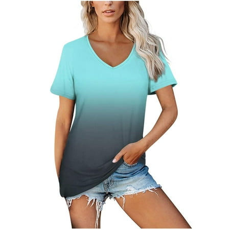 

Tops for Women Casual Summer Womens Fashion Gradient Color V-Neck Short Sleeve T-shirt Tops Blouse Maternity Blouses Blue XXL
