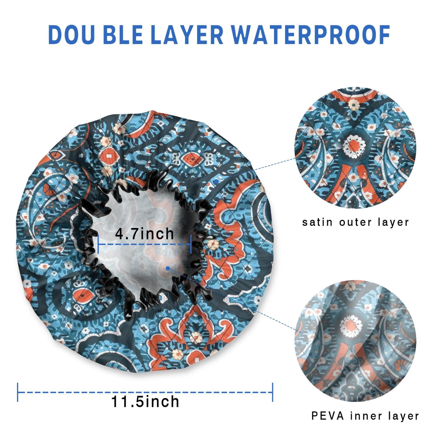 Shower Caps,Blue Ethnic Paisley Pattern Waterproof Shower Cap for Women 4 Pieces,Double Reusable Hair Cover for Shower PEVA Elastic Stretch Hem