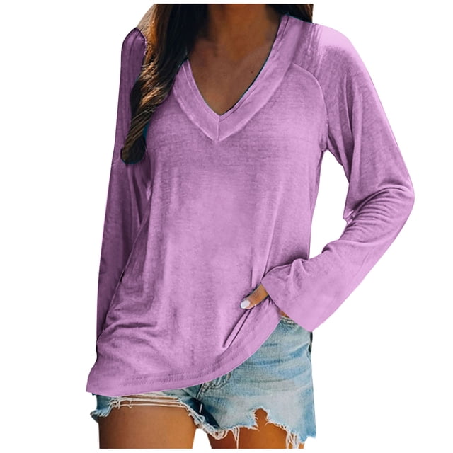 KIHOUT Spring Winter Womens Tops Fashion Casual Long Sleeve V-Neck Solid Color Ladies Tops Blouse