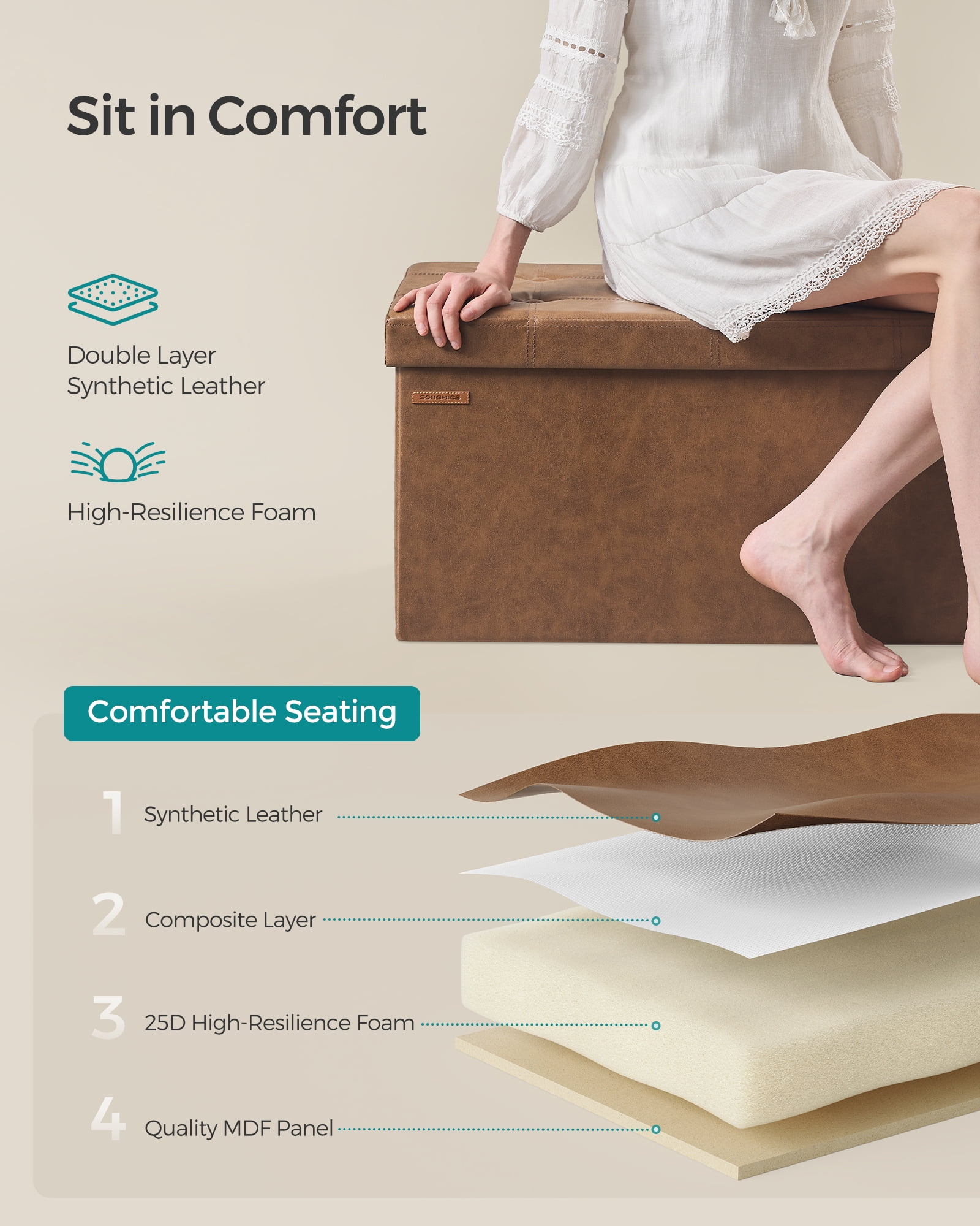 SONGMICS Folding Storage Ottoman Bench with Hidden Compartment, Reinforced MDF, Living Room & Bedroom Use, Foldable Setup, 30 Inch Footrest Stool, Storage Bench, Coffee Brown