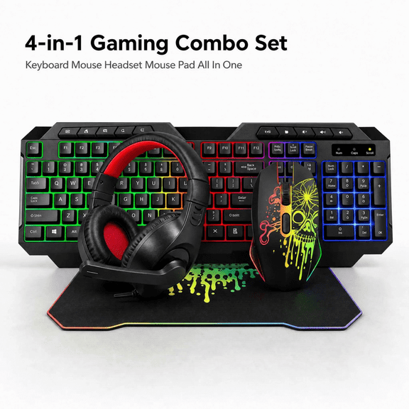 XTRIKE CMX-415 4-In-1 Wired Gaming Combo, 104-Key Keyboard, 6D 8000 DPI Mouse, Over-Ear Headset & Anti-Slip Mouse Pad, Gaming Kit for Desktop, Laptop & Office