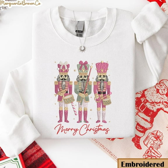 Embroidered Pink Nutcracker Christmas Sweatshirt, Festive Holiday Nutcracker Trio Sweater, Holiday Party Outfit, Merry Xmas Pullover