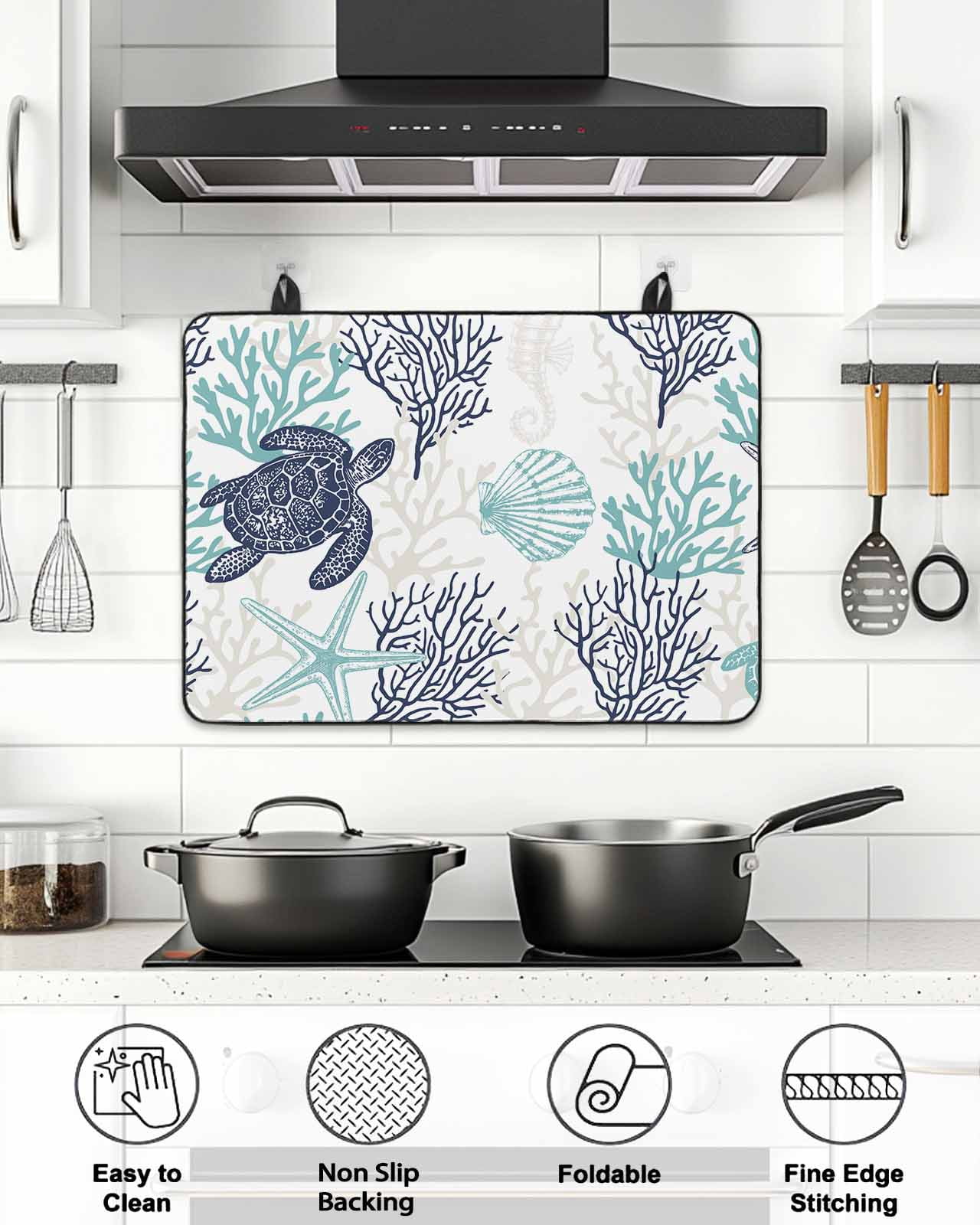 Stove Top Covers for Electric Stove, Teal Blue Coastal Glass Stovetop Cover Protector, Sea Turtle Nautical Coral Summer Beach Induction Cooktop Protector Oven Mat for Kitchen Countertop 24"x21"