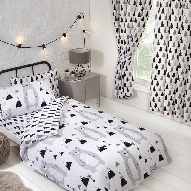 Gris Negro Blanco Bosque Montaña Oso Kids Bedding Toddler Twin o Full Duvet