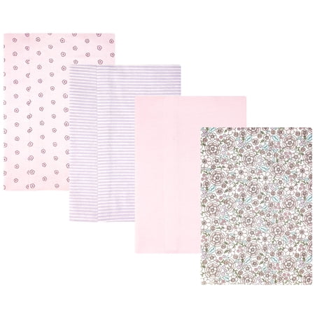 Hudson Baby Girl Cotton Polyester Flannel Burp Cloths 4-Pack, Outline Floral Soft Pink, One Size