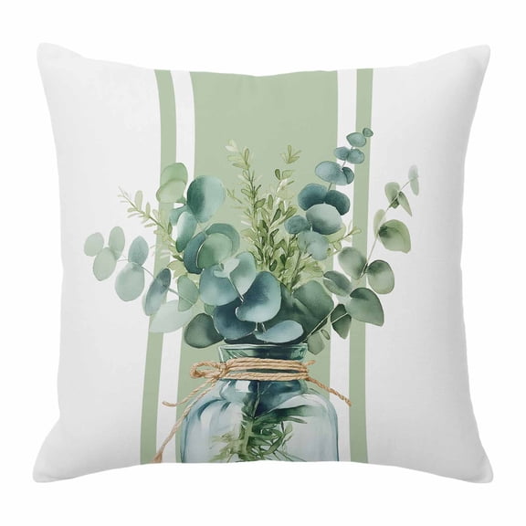 Sage Green Eucalyptus Leaves Pillow Covers 20x20 Inch, Farmhouse Stripe Botanical Linen Pillowcase with Invisible Zipper, Decorative Throw Pillow Covers Cushion Case for Couch Sofa Bed Living Room