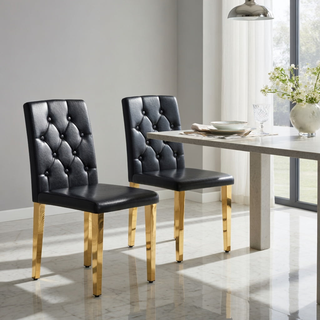 Hommoo 2-Pack PU Dining Chairs with Ergonomic Buckle Backrest – 35 in Tall Modern Luxury Chairs for Dining Room, Hotel Banquet Hall, Cafe, Black & Gold