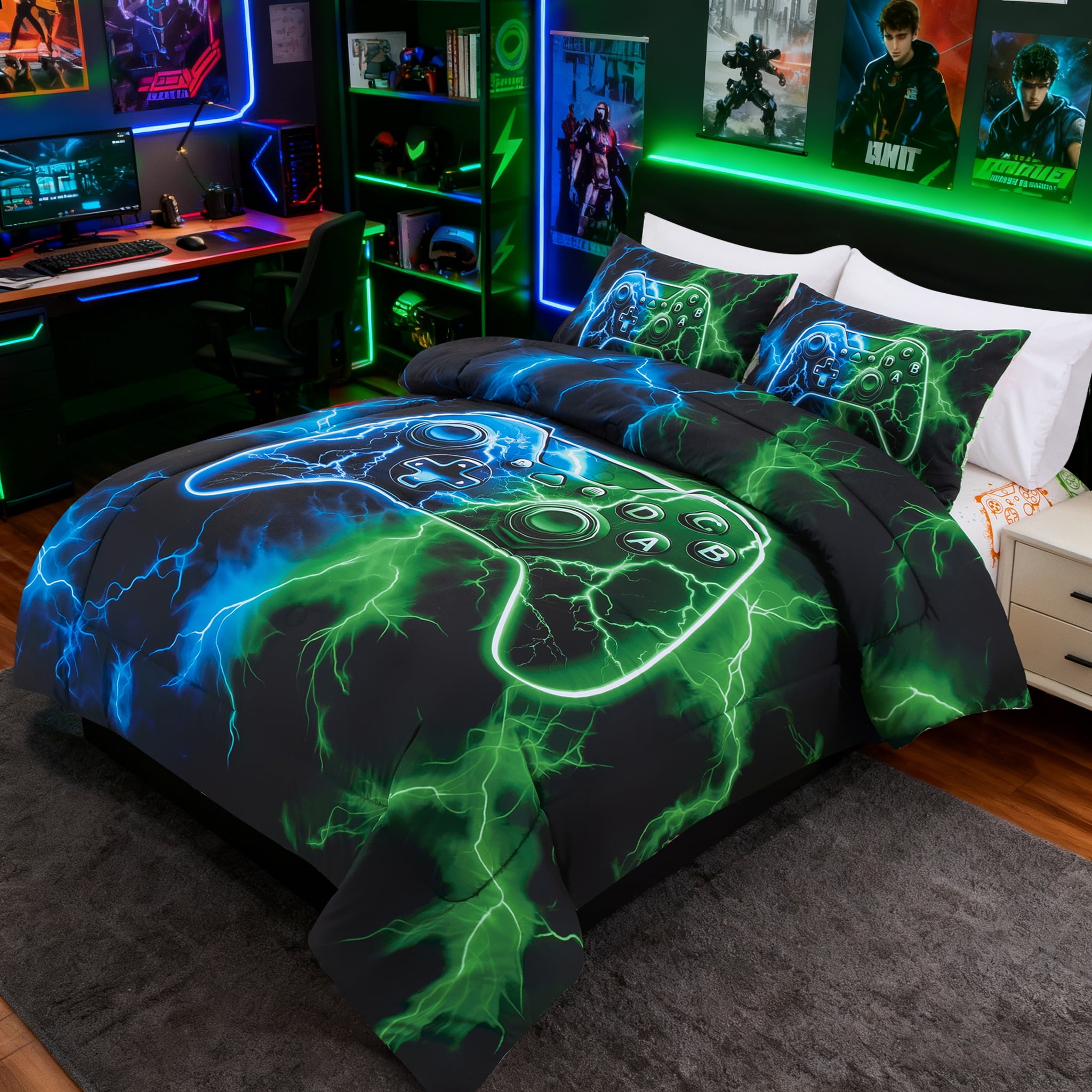 Btargot 3PCS Lighting Game Blue Green Comforter Set Twin Glowing Gamepad Kids Bedding Sets for Boys