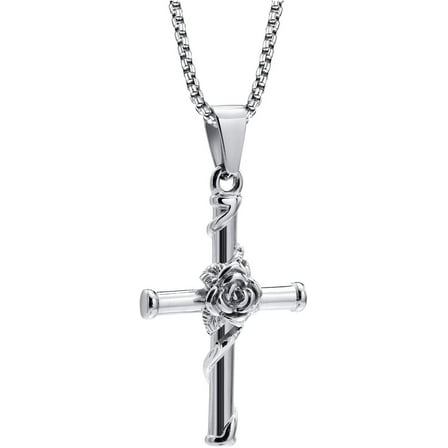 XBage Men Women Cross Rose Pendant Necklace With 24 Inch Stainless Steel Chain For Birthday1354