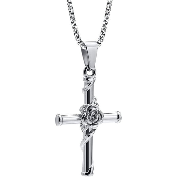 XBage Men Women Cross Rose Pendant Necklace With 24 Inch Stainless Steel Chain For Birthday1354