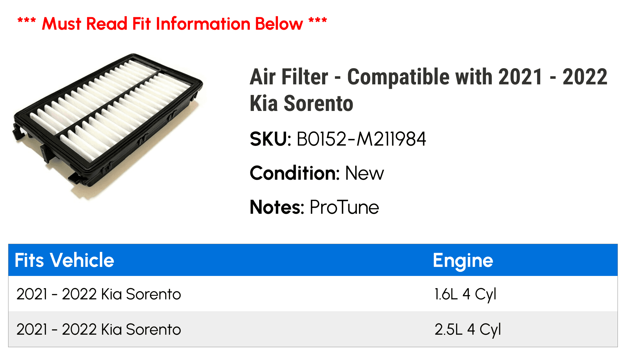 Air Filter - Compatible with 2021 - 2022 Kia Sorento