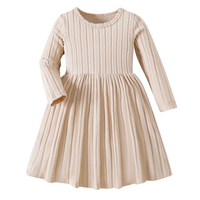 Bwiyojiz Robe à Manches Longues à Col Rond Tailles Mode 3-9 Ans, Robe à Manches Unie Mignonne pour Tout-Petits Filles, 7, Cadeaux pour la Maison, Beige