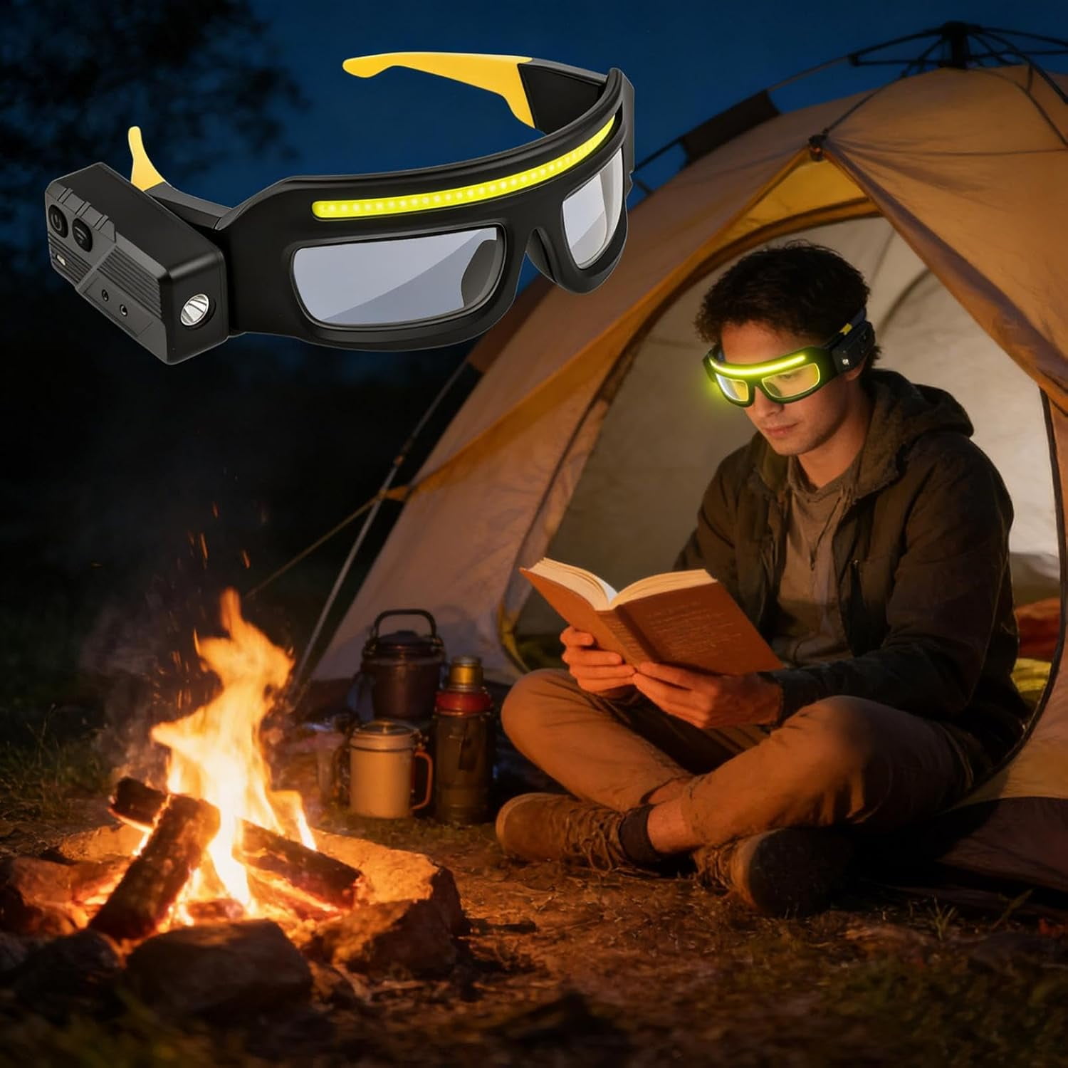LED Rechargeable Headlamp Glasses: Motion Sensor & Touch Control Light-Up Eyewear (Yellow)（1pcs,H）
