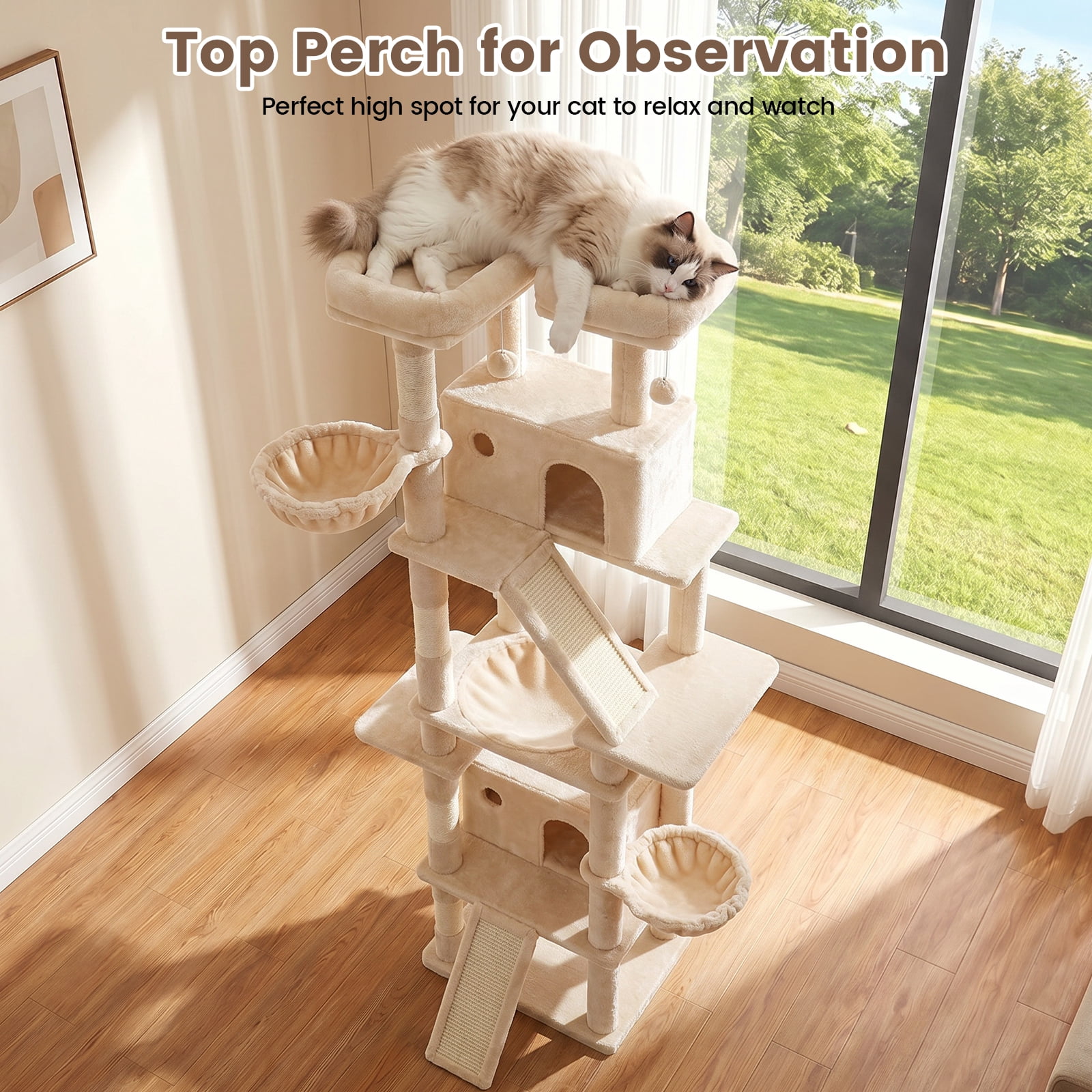 CATGOOD 81" Cat Tower, Big Cat Treefor Multiple Adult Cats, Multi-Level Tall Cat Tree with 2 Platforms, 2 Condos, 2 Hanging Basket, Hammock and Scratching Post for Indoor Kitties, Beige