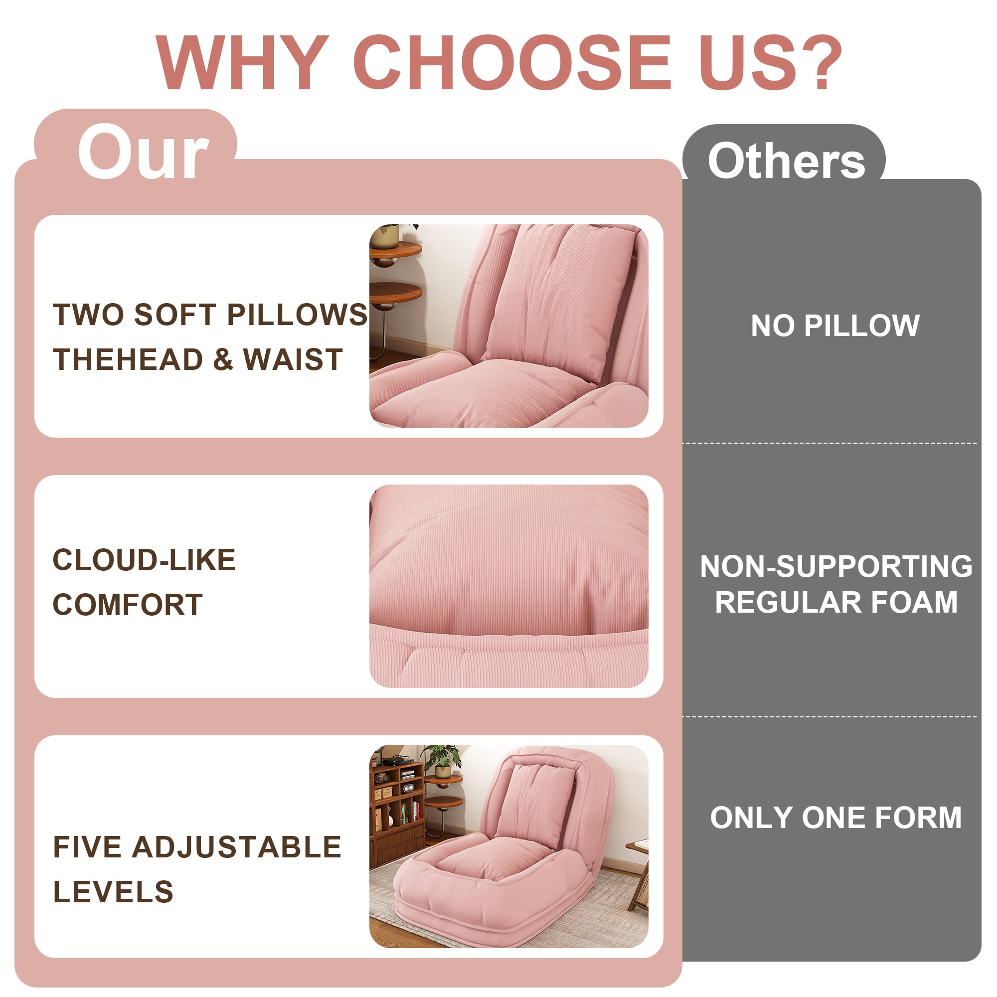 Jopath Foldable Lazy Sofa Bed with 2 Soft Pillows,Human Dog Bed with 5 Adjustable Position for Bedroom Living Room Reading Corner(Pink)
