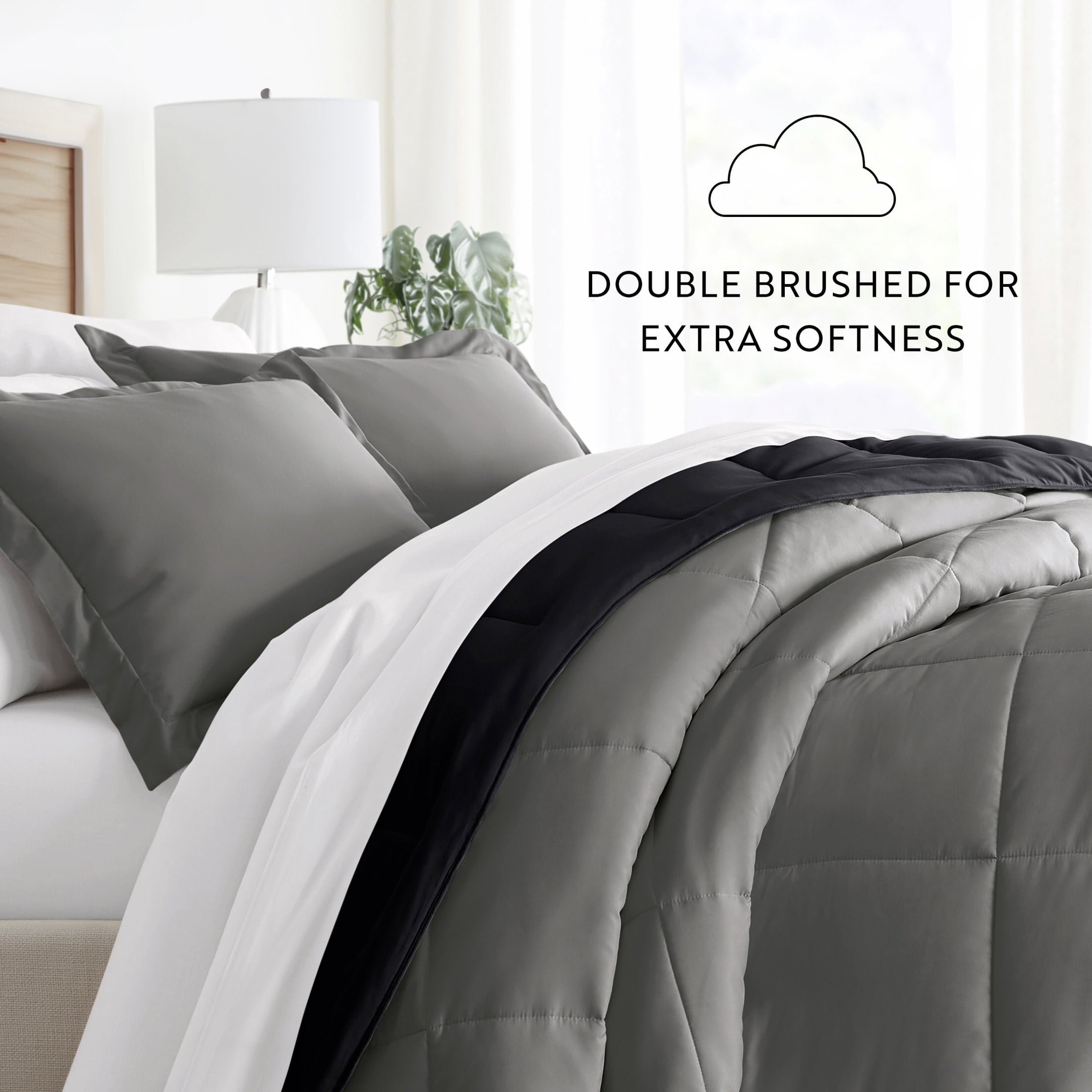 Noble Linens Soft 3-Piece Black & Fog Reversible All Season Lightweight Down Alternative Comforter Set, King/Cal King