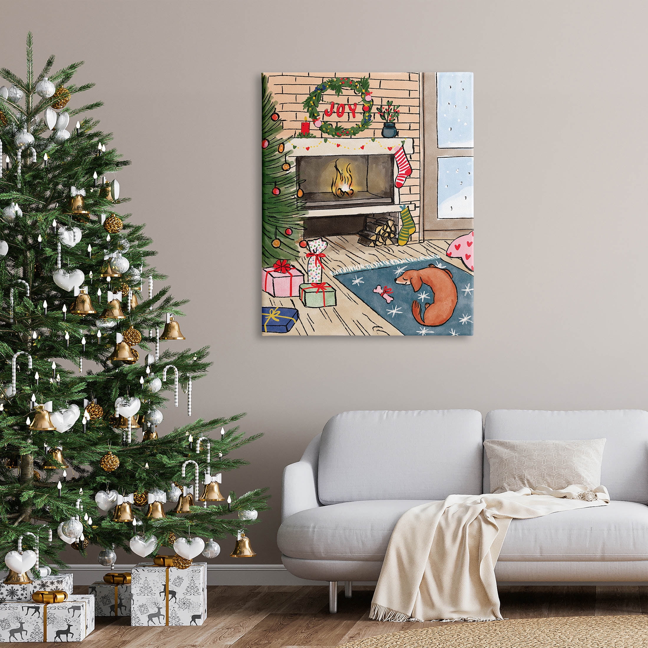 Cozy Christmas Fireplace Tree Holiday Graphic Art Gallery Wrapped Canvas Print Wall Art
