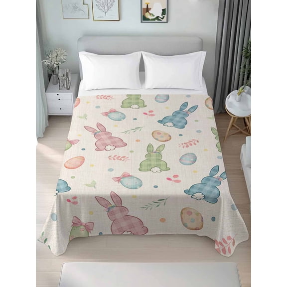 Pink Blue Green Easter California King Size Flat Sheet, Wrinkleproof & Fadeproof Cooling Flat Bed Sheet Only, Spring Bunny Colorful Eggs Breathable Soft Bedding Top Sheets 108 x 98 Inches