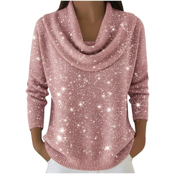 Soft Long Sleeve Cowl Neck Pullover, Cowl Neck Casual Daily Sweater Sparkly Sweaters for Women Womens Holiday Sweaters Long Sleeve Valentine's Day Knit Pullover, Pink XL