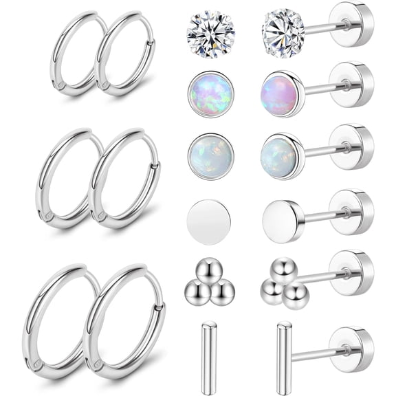 Surgical Steel Earrings For Women Men 20 Gauge Hoop Stud Earring Sets For Multiple Piercing Cz Ball Nap Earrings Flat Back Hypoallergenic Cartilage Earring[Z1]