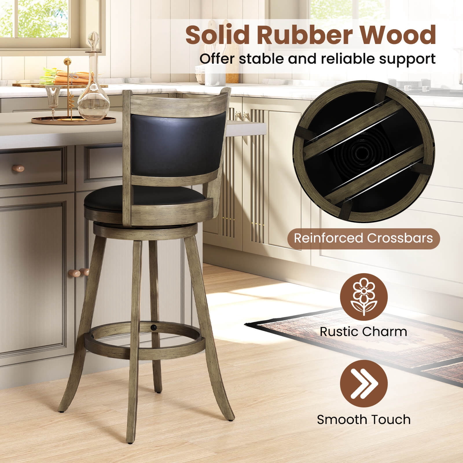Costway Swivel Bar Stools with Solid Rubber Wood Frame Set of 4 for Kitchen Island Gray and Black