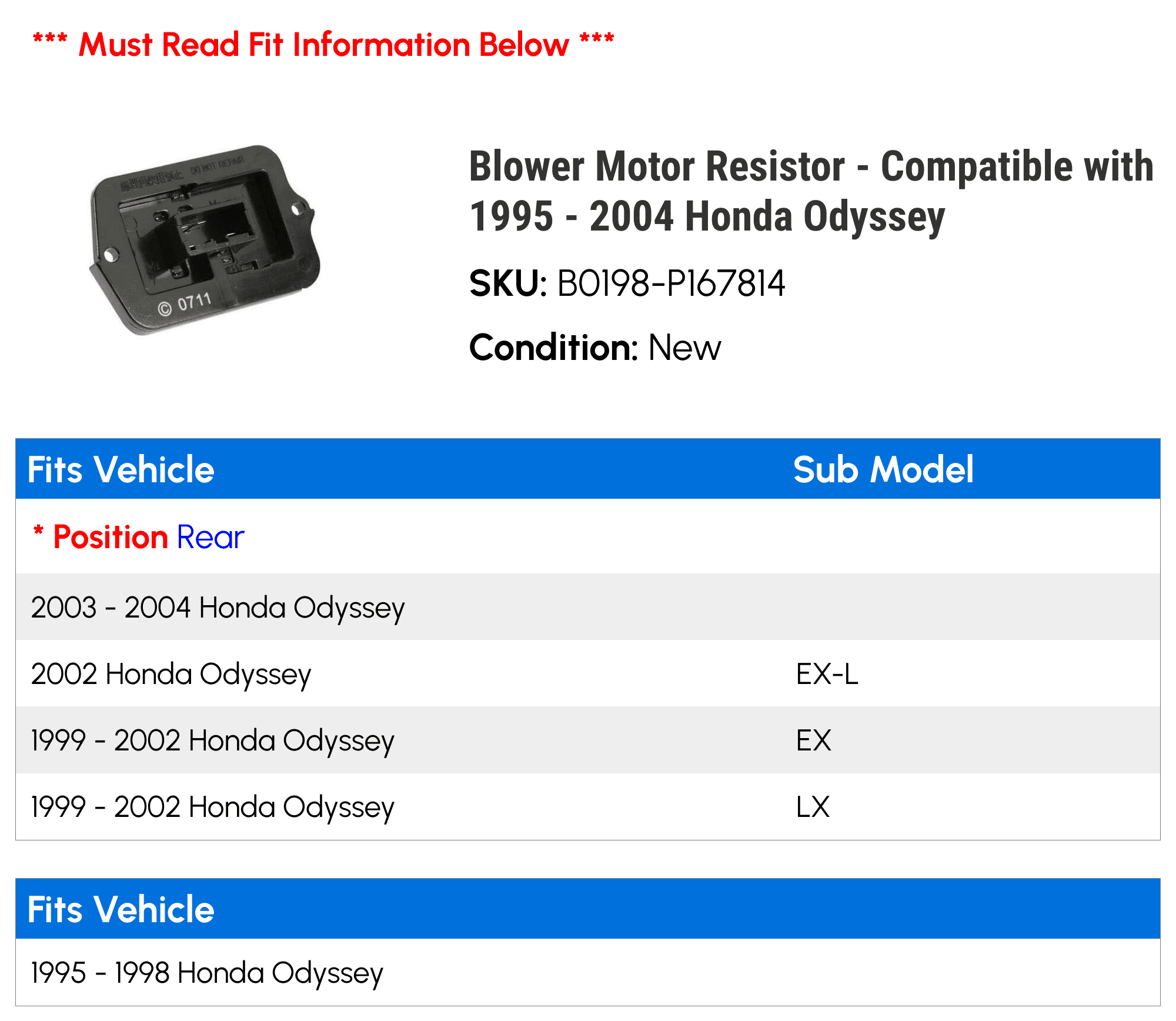 Blower Motor Resistor - Compatible with 1995 - 2004 Honda Odyssey 1996 1997 1998 1999 2000 2001 2002 2003