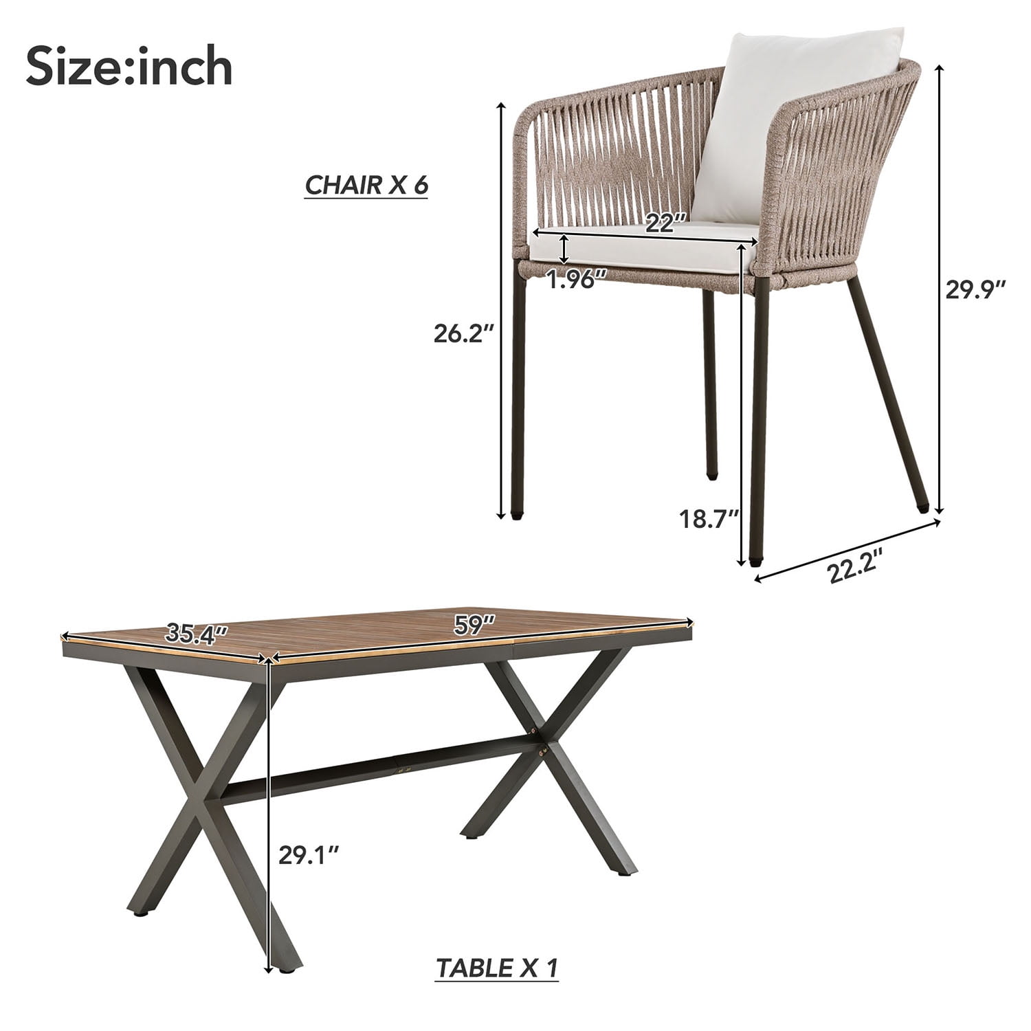Aimee Lii 7 Pieces Outdoor Patio Dining Set Acacia Wood Garden Table with Umbrella Hole and Rope Metal Frame Chairs, Outdoor Furniture Set, Beige Aimee Lii 7 Pieces Outdoor Patio Dining Set Acacia Wood Garden Table with Umbrella Hole and Rope Metal Frame Chairs, Outdoor Furniture Set, Beige