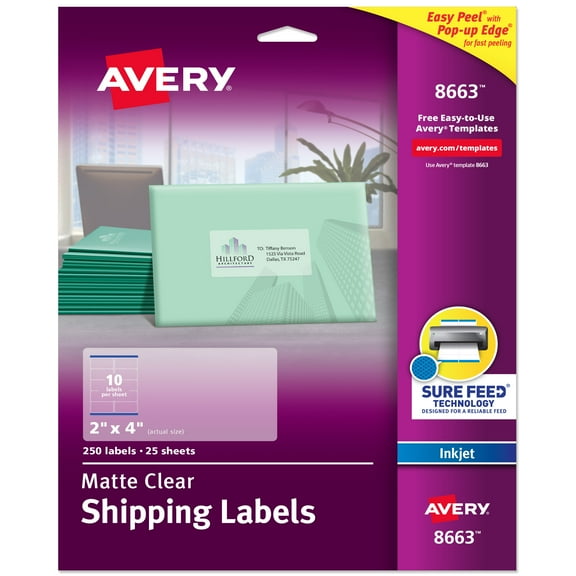 Avery Shipping Labels, 2" x 4", Matte Clear, 250 Labels (8663)