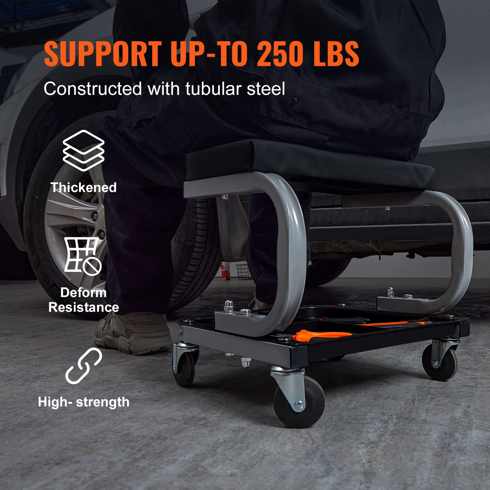 KFFKFF Garage Shop Creeper Seat with Tool Tray Rolling Padded Auto Mechanic Stool ,250 lbs Capacity