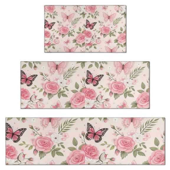 Pink Butterfly Floral Bow White Pattern Kitchen Rugs Sets Of 3,Kitchen Runner Rugs Non Skid Washable,Decorative Kitchen Floor Mats for Kitchen,Sink,Laundry,17"x30" 17"x47" 17"x59"