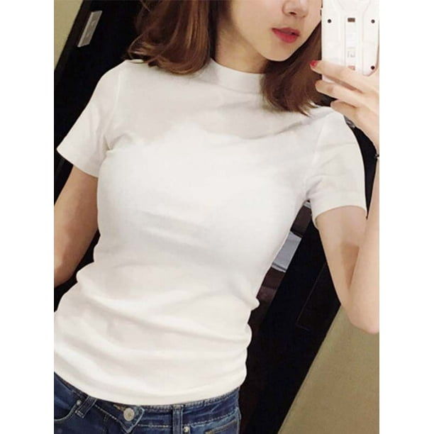 Esho Women Summer Turtle Neck Short Sleeve Slim Blouse Girls Solid T Shirt Tops Walmart Com Walmart Com
