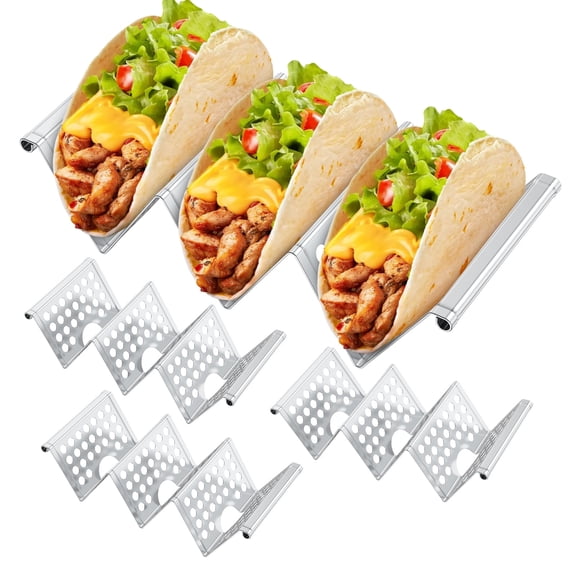 Ihvewuo 4pcs Taco Holder Stainless Steel Taco Holder Stand Taco Rack Holds Up to 3 Tacos Grill Oven and Dishwasher Safe Taco Stand Stackable Taco Serving Tray for Restaurant Party 20.6x10x6cm