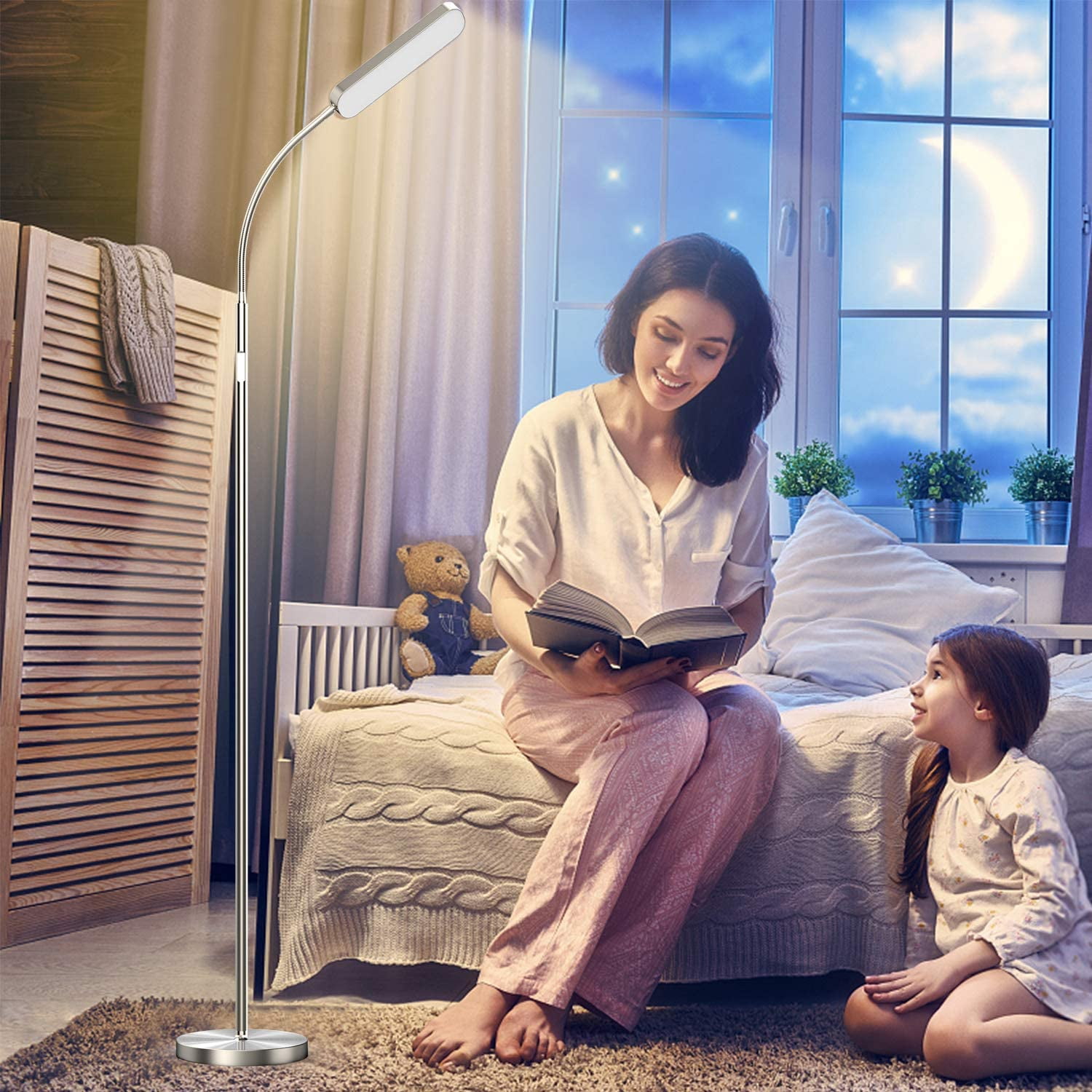 Floor Lamp, 15w/1000lm Bright LED Floor Lamp with Stepless Adjustable 3000K-6000K Colors and Dimmer, Remote and Touch Control Reading Lamp, Adjustable Gooseneck Floor Lamp for Living Room