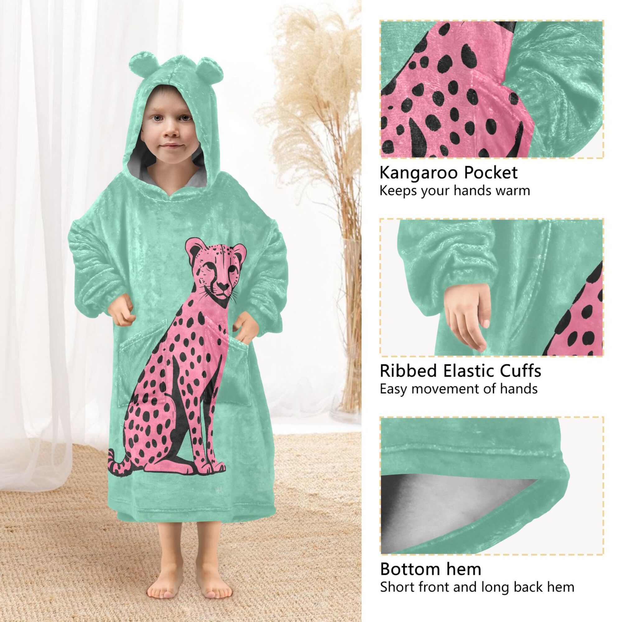 FORMRS Wearable Blanket Hoodie with Sleeves for Kids Cozy Flannel Sweatshirt, Pink Cheetah