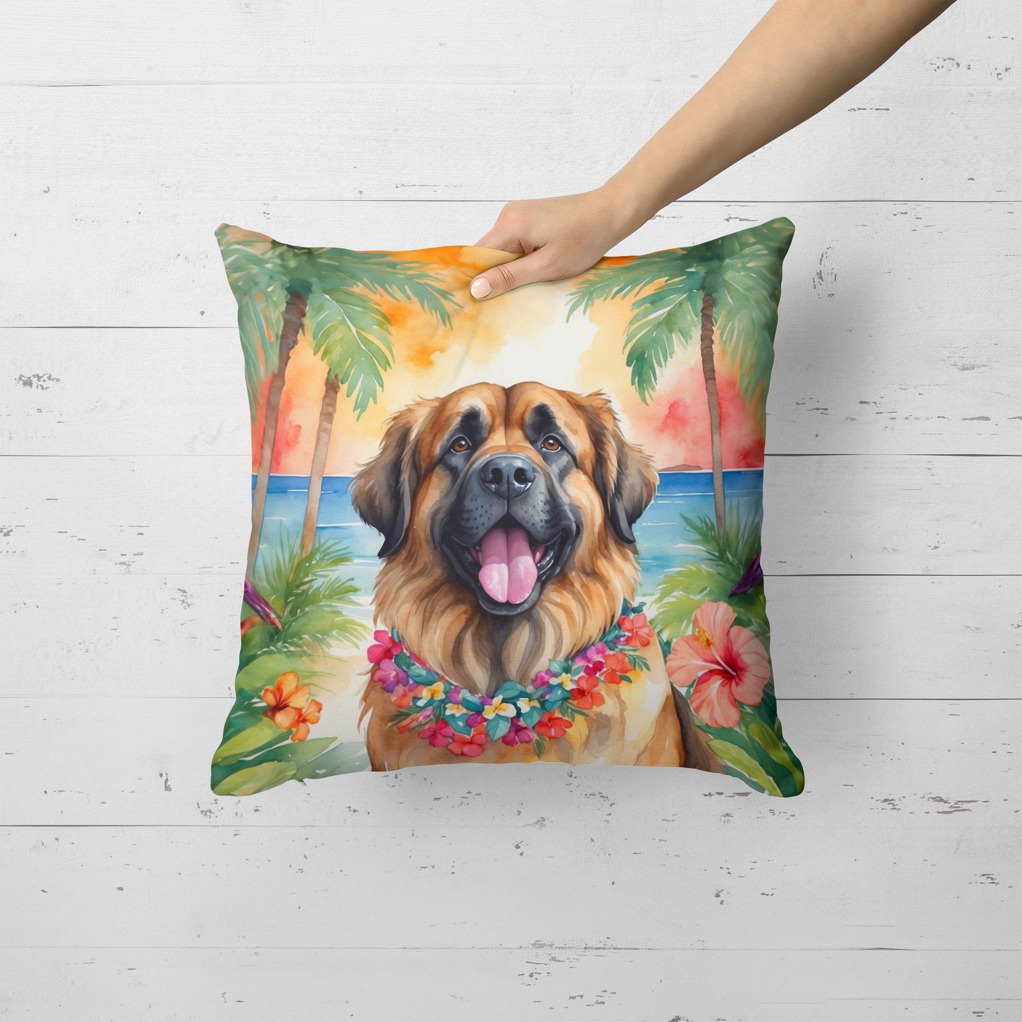 Leonberger Luau Throw Pillow 18 in x 18 in