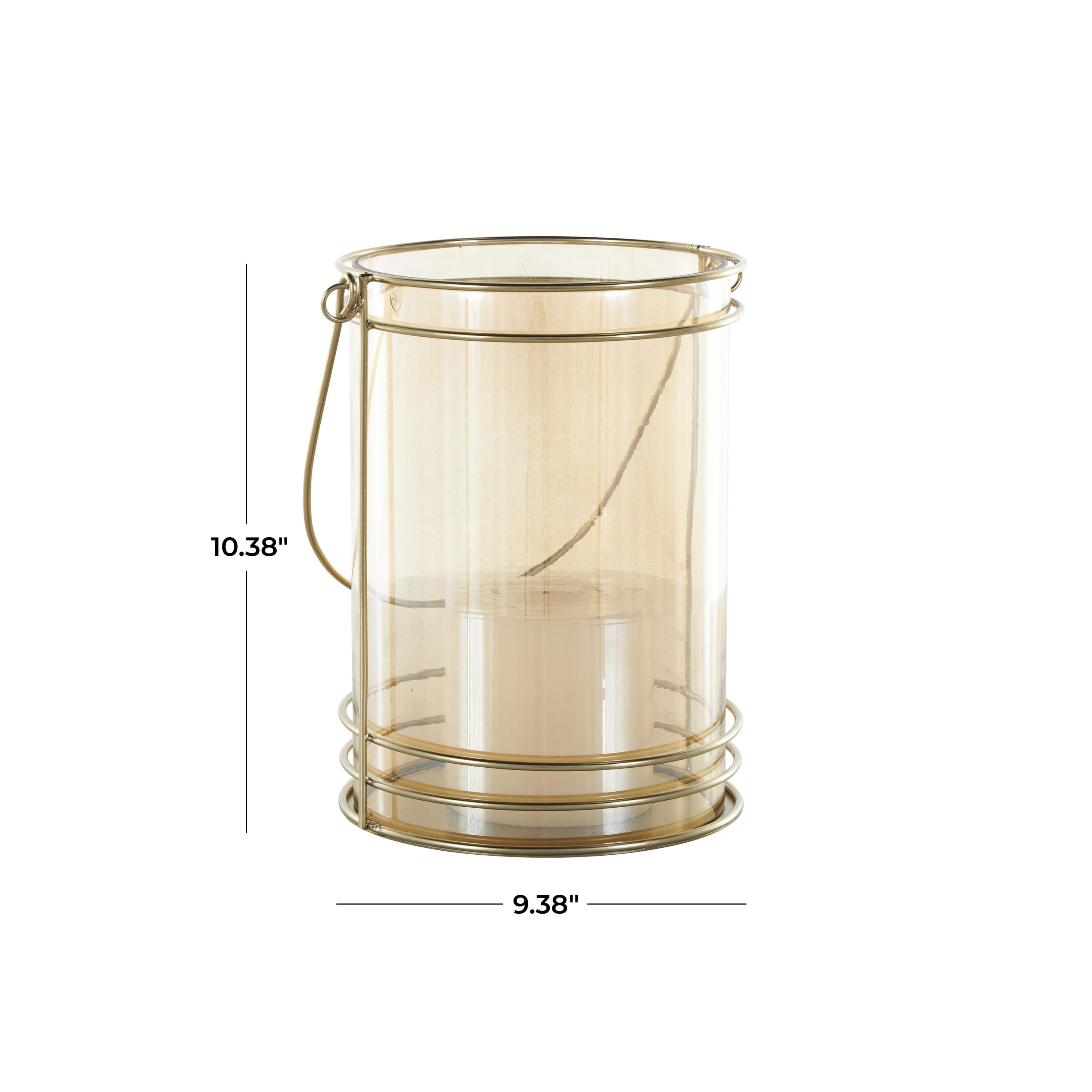 DecMode Gold Metal Candle Lantern with Thin Circular Rods and Tinted Glass