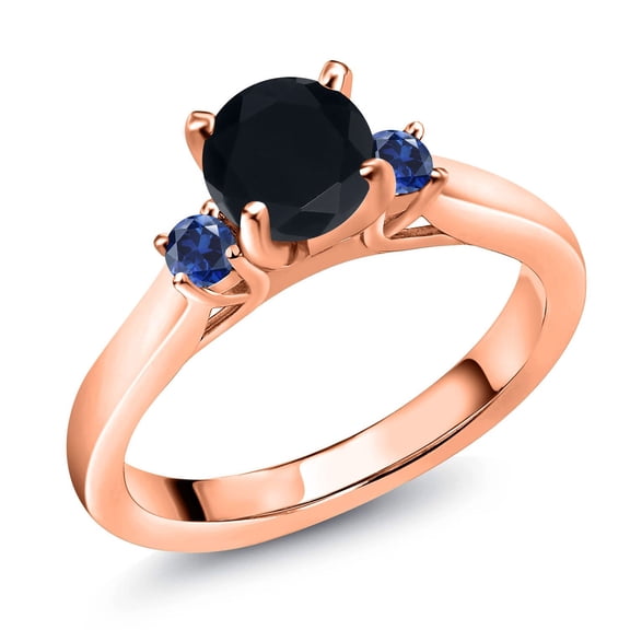 Gem Stone King 18K Rose Gold Plated Silver Black Onyx and Blue Created Sapphire 3-Stone Engagement Ring for Women (0.90 Cttw, Round 6MM, Gemstone December Birthstone, Size 5)