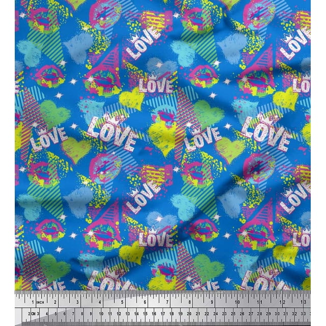 Soimoi Blue Cotton Cambric Fabric Text,Lips & Heart Print Sewing Fabric Yard 42 Inch Wide