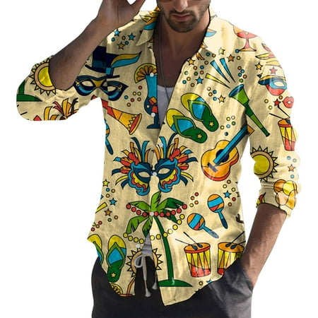 FYEGRE Men s Carnival Shirts Men s Carnival Fashion Printed Shirt Stylish Casual Button Down Top for Outfits Yellow S