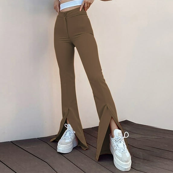 Lilgiuy Womens Fashion Summer Solid Casual Button Zipper Elastic Waist Long Flared Pants for Fishing Outdoor Activities