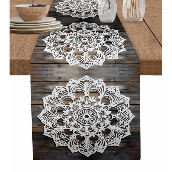 Farmhouse Vintage Table Runner 36 Inches, Chic Abstract White Floral Wood Grain Bed Runner Dresser Scarves Tabletop for Indoor Outdoor Parties/Ceremony/Banquet, 13"x 36"