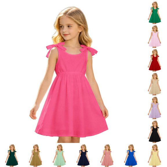 LIIPEE Girls Summer Dress Solid Color Sleeveless Bowknot Strap Scoop Neck Casual Sundress Kids Comfortable Lightweight Cute Daily Dresses,6-7 Years