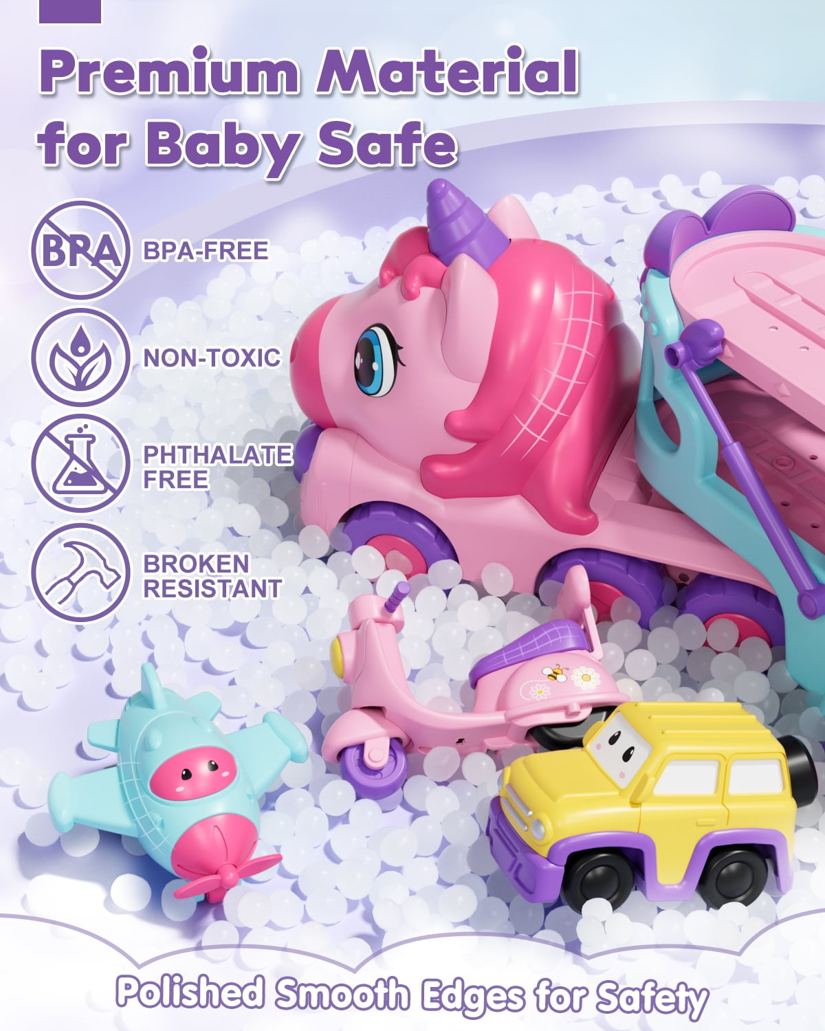 Toddler Girl Toys, 5-in-1 Toy Cars for Girls with Lights & Music, 2 Year Old Girl Toys, Unicorn Toys, Car Carrier Truck Toy, Toys for 1 2 3 Year Old Girls