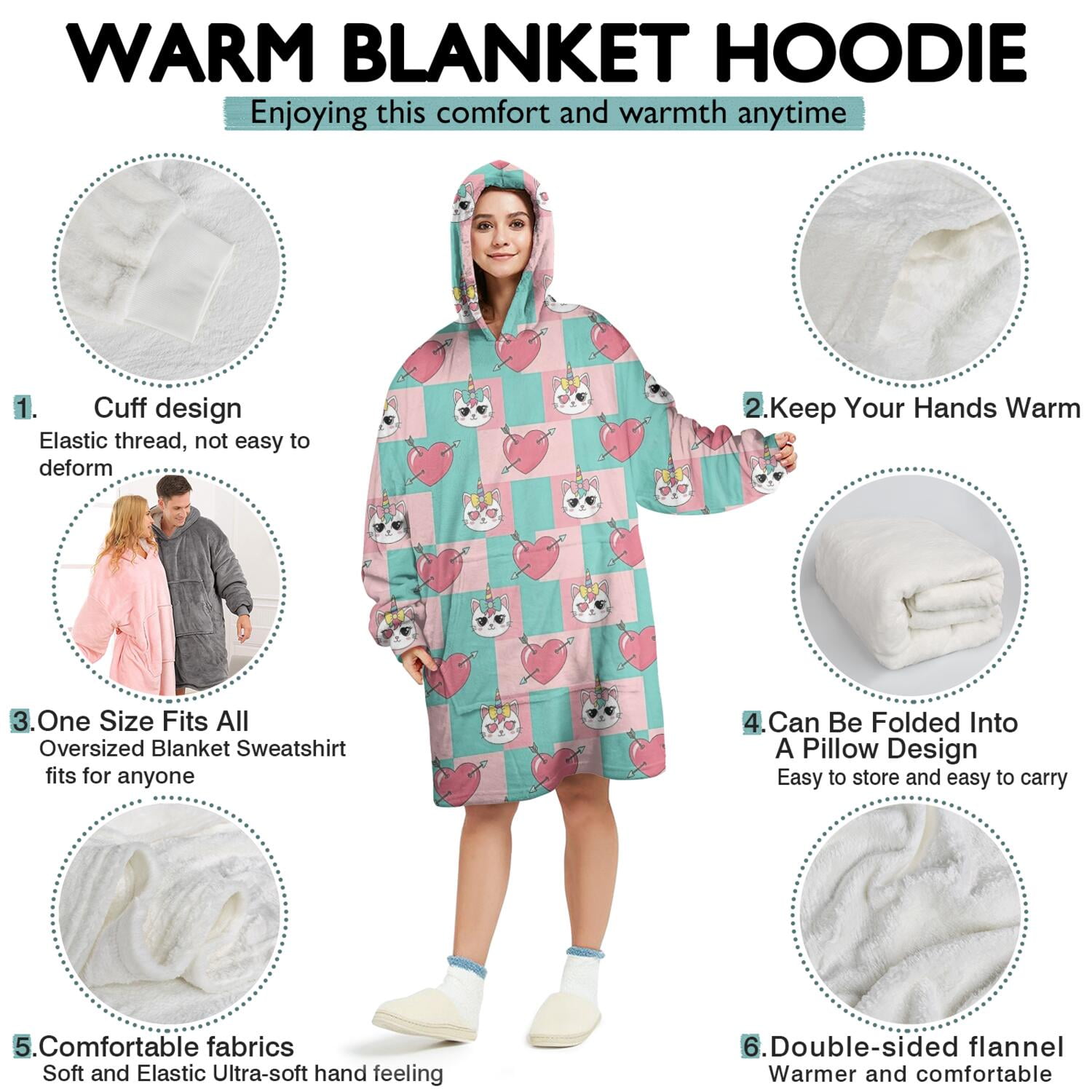 Wearable Oversized Blanket,Checkered Cartoon Cat Unicorn Heart Wearable Blanket Hoodie for Adults,Cozy Hooded Blankets with Super Pockets,Super Warm Fuzzy Pullover for Women & Men